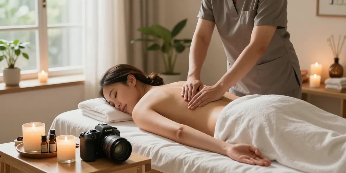 출장마사지 session in a calming home spa setting with candles and soft light