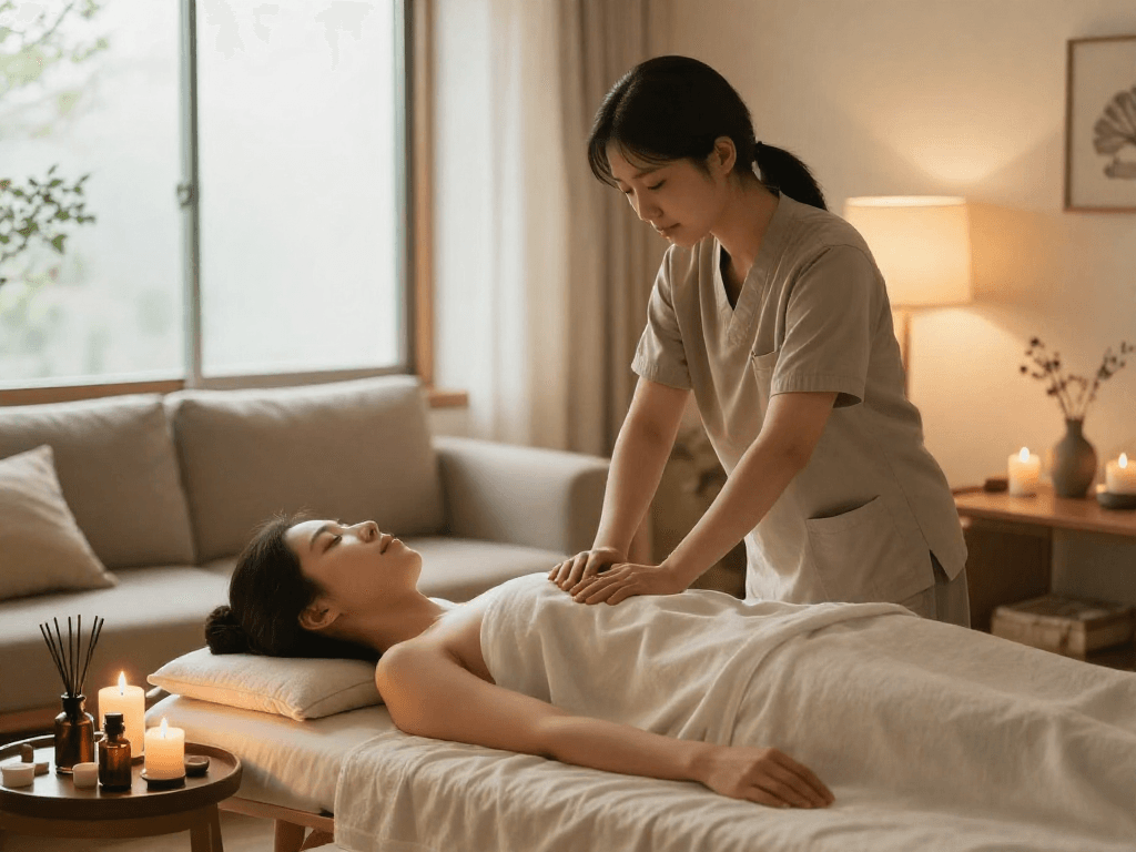 Experience a soothing 서울출장안마 service at home with a professional therapist in a tranquil living room.