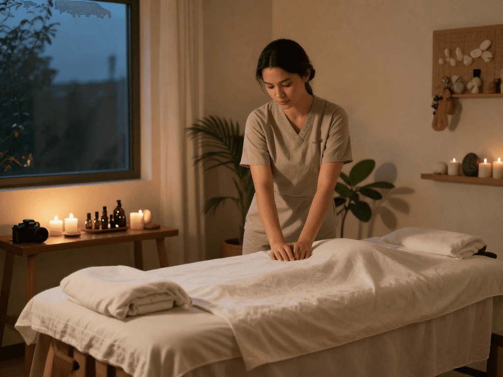 출장안마 session in a calming indoor massage room with warm lighting.