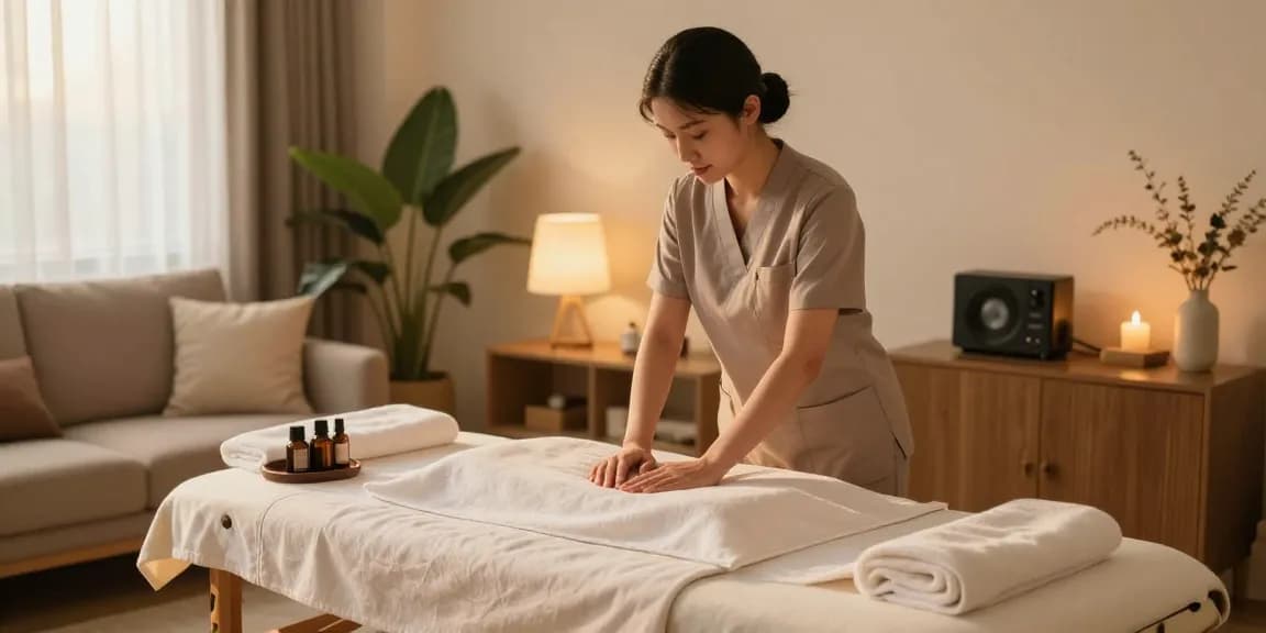 Peaceful home setting for 일산출장안마 with a skilled female therapist preparing massage oils and relaxing environment.